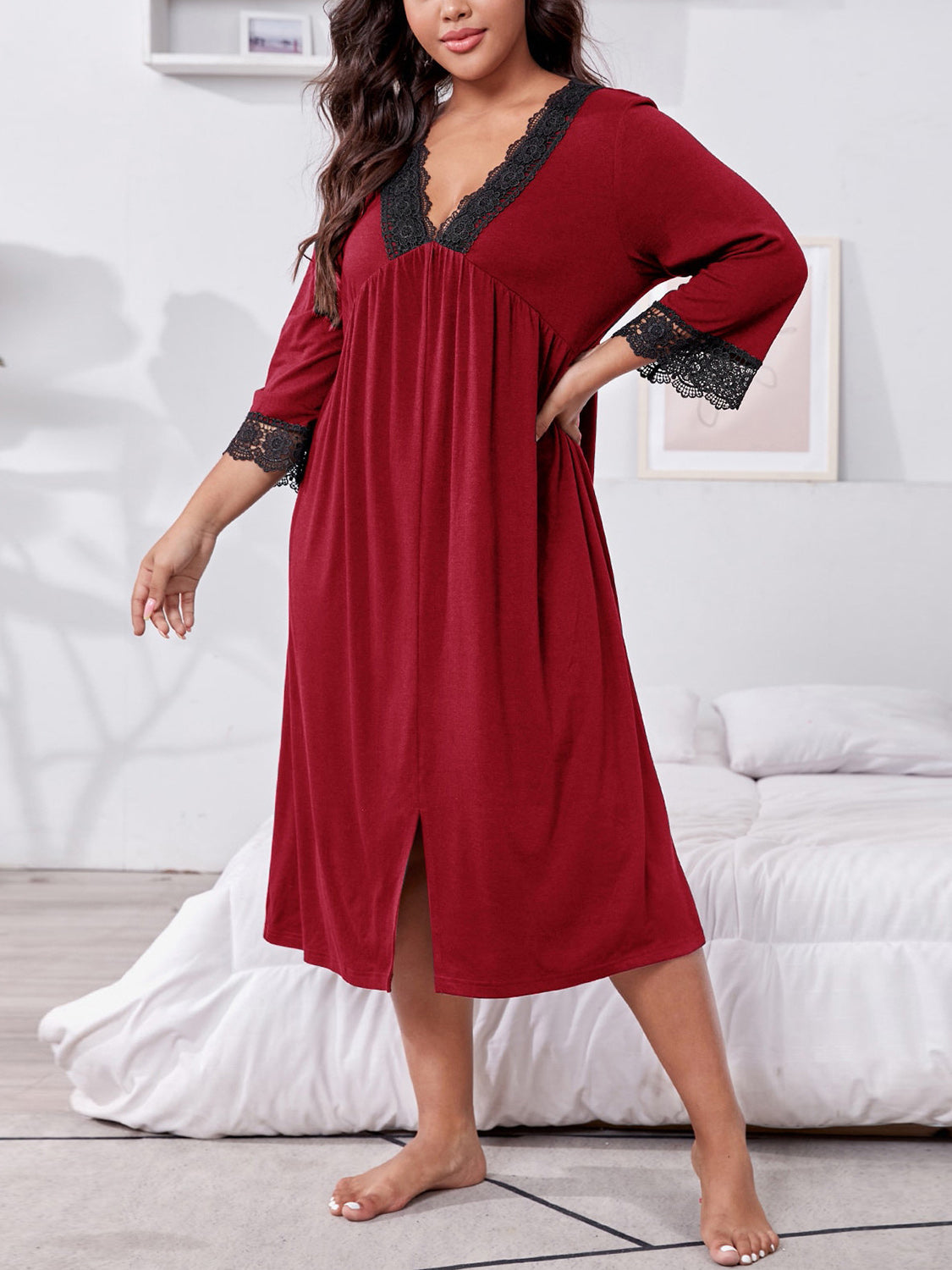 Plus Size Lace Detail V-Neck Lounge Dress - PLUS SIZES ONLY - T - 2 COLORS -