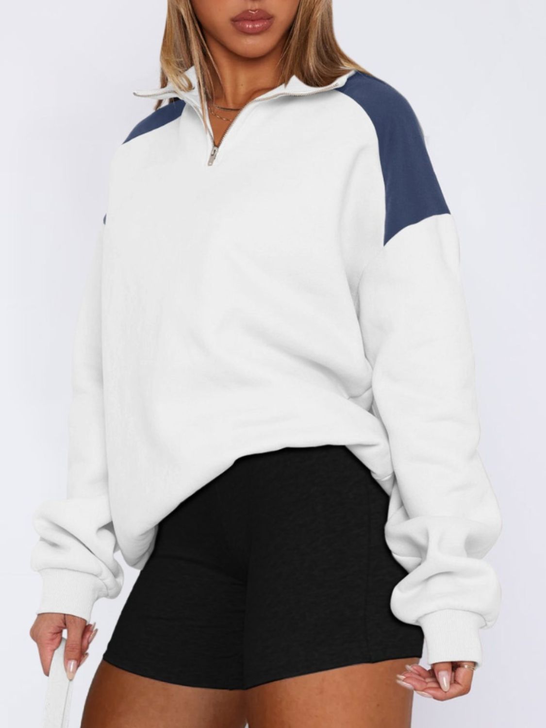 Contrast Quarter Zip Long Sleeve Sweatshirt - T - 4 COLORS -