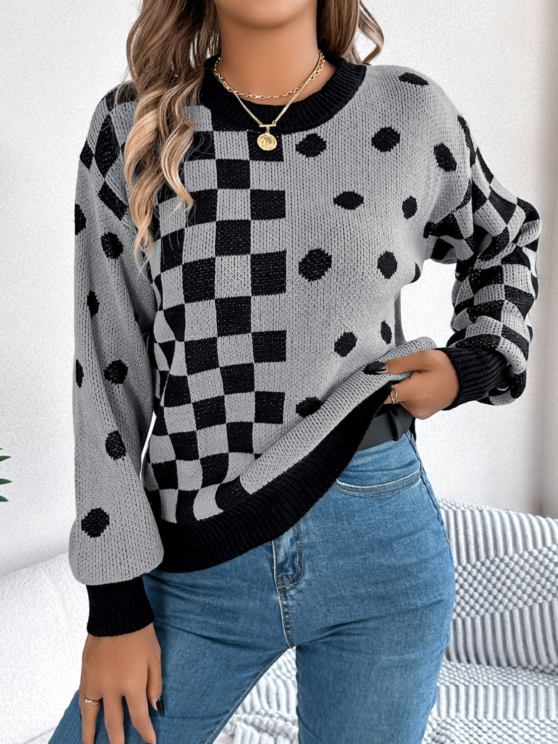 Plaid Round Neck Long Sleeve Sweater - T - 3 COLORS -