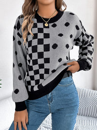 Thumbnail for Plaid Round Neck Long Sleeve Sweater - T - 3 COLORS -