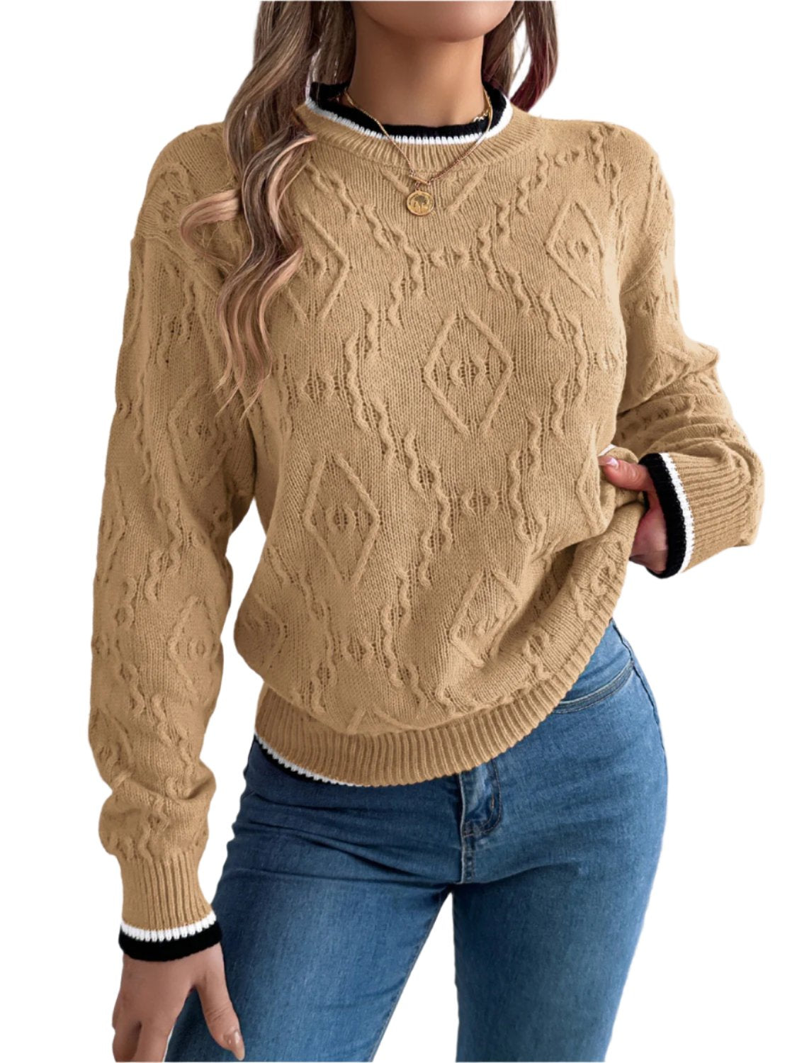 Contrast Trim Round Neck Long Sleeve Sweater - T - 3 COLORS -