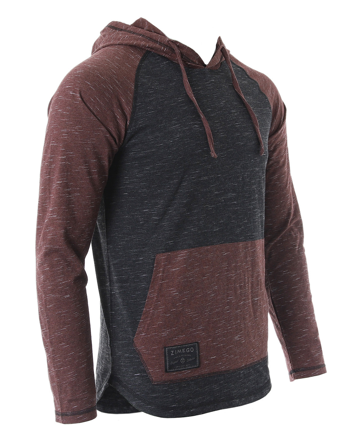 Long Sleeve Raglan Henley Round Bottom Hood T-Shirts - BLACK / MAROON - 1 COLOR -