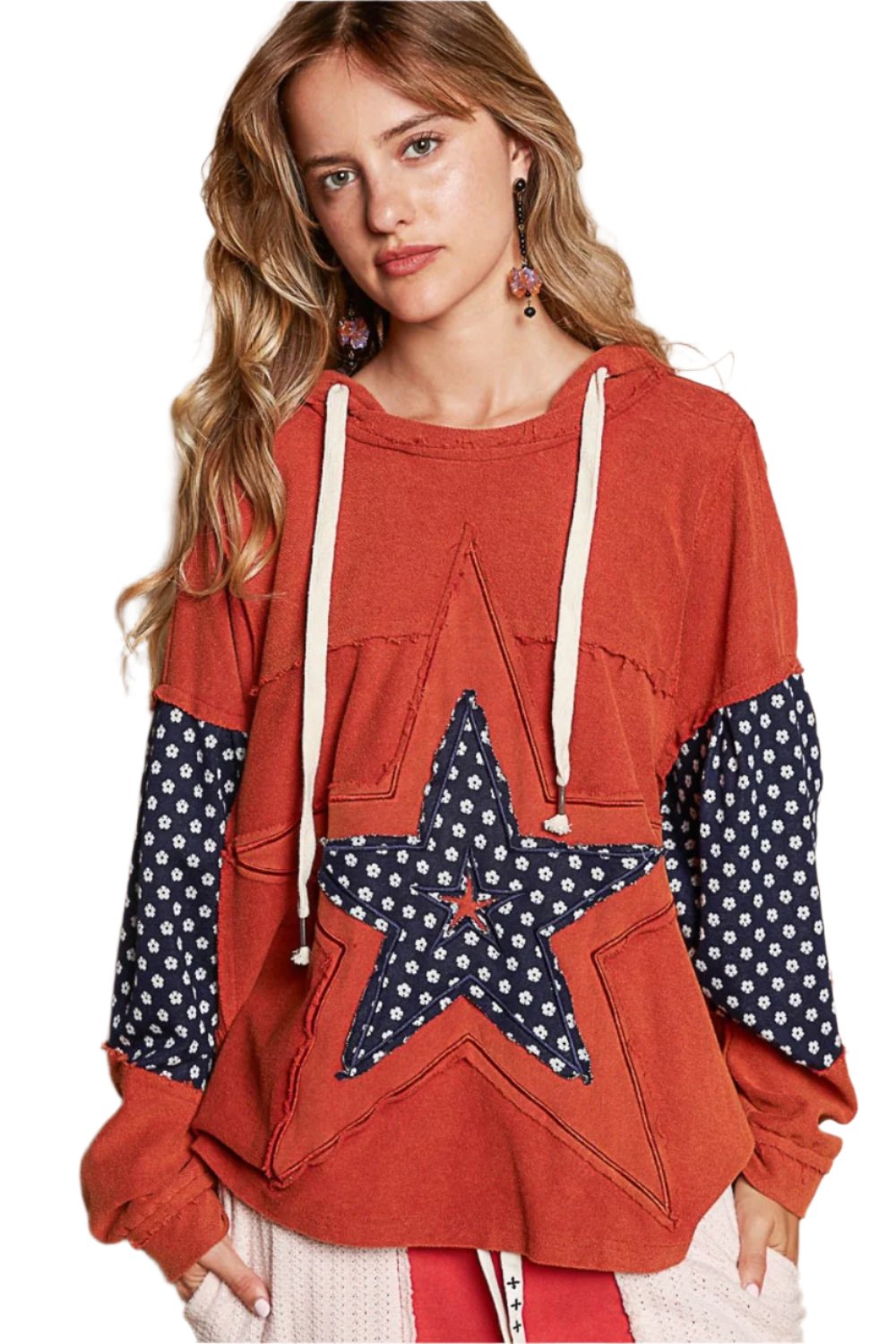 POL Star Patchwork Raw Edge French Terry Hoodie - T - 1 COLOR -