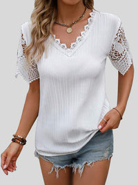 Thumbnail for Lace Detail V-Neck Short Sleeve Blouse - T - 4 COLORS -