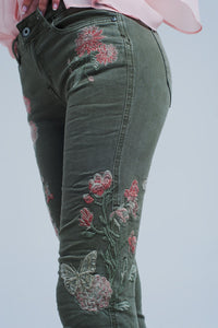 Thumbnail for Q2 - Khaki Jeans With Embroidered Flower - 1 COLOR -