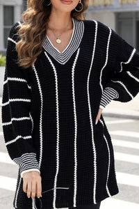 Thumbnail for Striped V-Neck Long Sleeve Sweater - T - 1 COLOR -