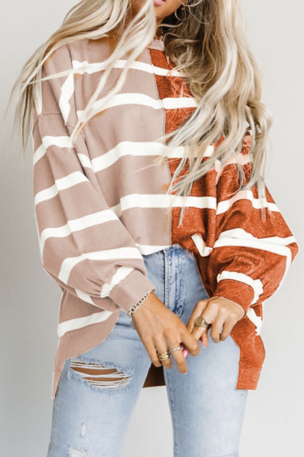 Striped Dropped Shoulder Round Neck Blouse - T - 1 COLOR -