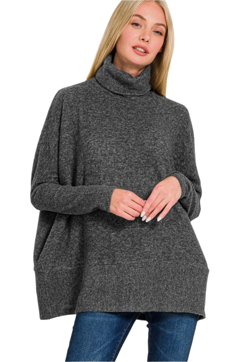 Zenana Oversized Brushed Melange Hacci Turtleneck Sweater - 4 SIZE COMBOS - T - 1 COLOR -