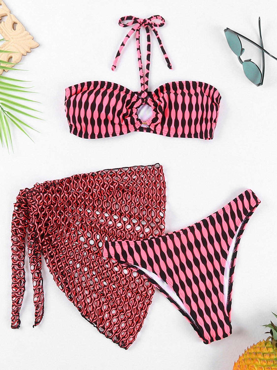 Geometric Halter Neck Three-Piece Swim set - 3 PCS. - T - 5 COLORS -