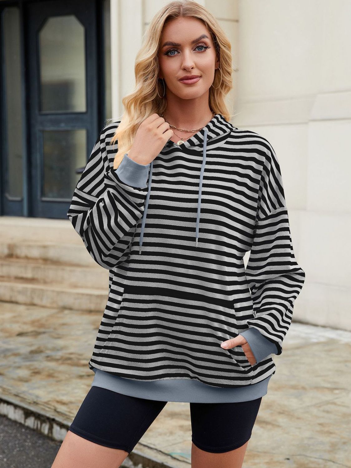 Drawstring Contrast Striped Long Sleeve Hoodie - T - 5 COLORS -