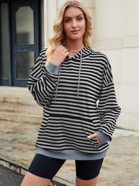 Thumbnail for Drawstring Contrast Striped Long Sleeve Hoodie - T - 5 COLORS -