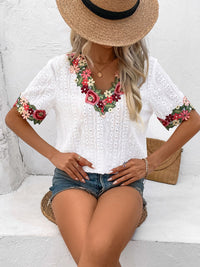 Thumbnail for Eyelet Embroidered V-Neck Short Sleeve Blouse - T - 4 COLORS -