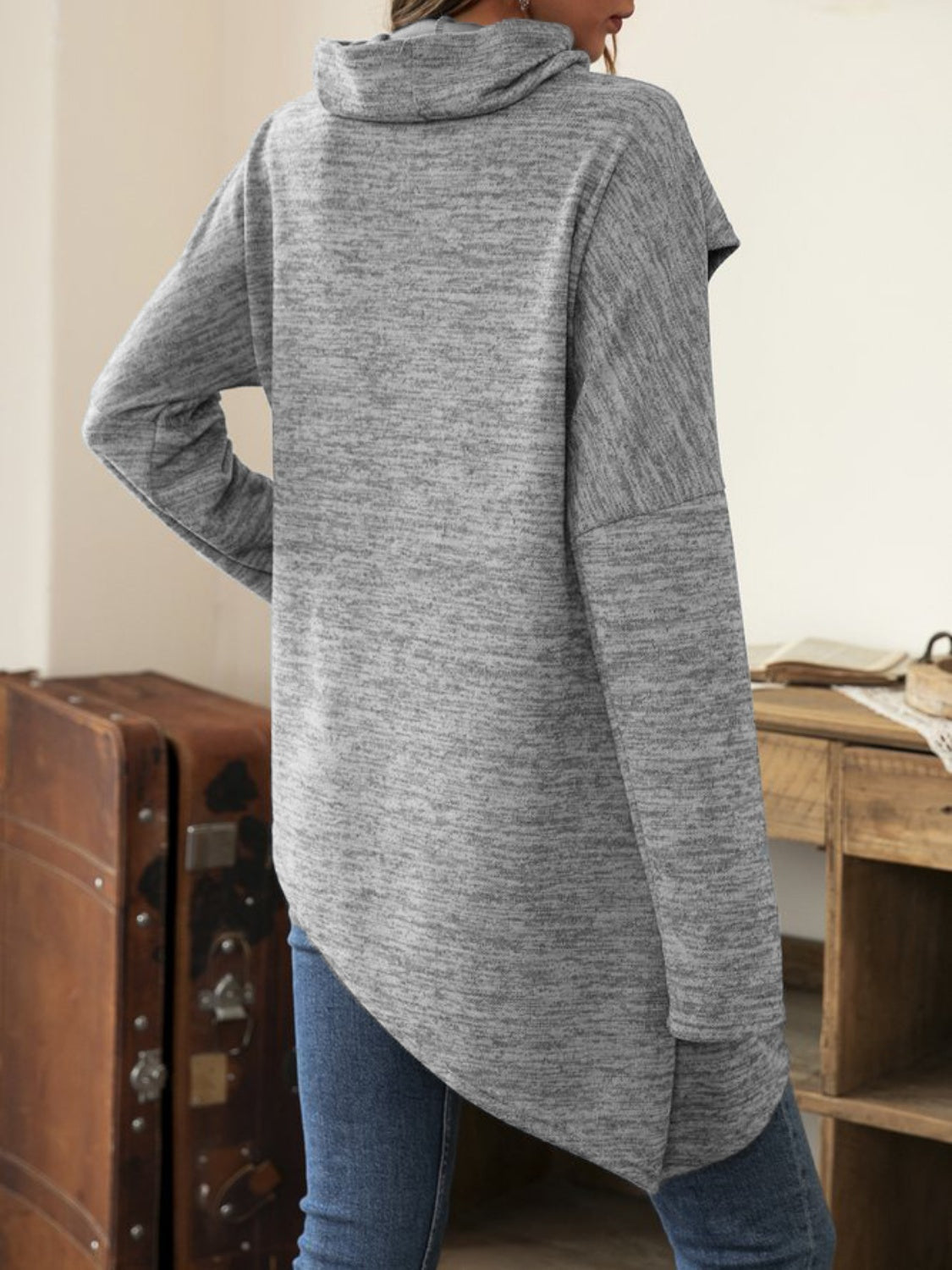 Asymmetrical Hem Cowl Neck Long Sleeve T-Shirt - T - 5 COLORS -