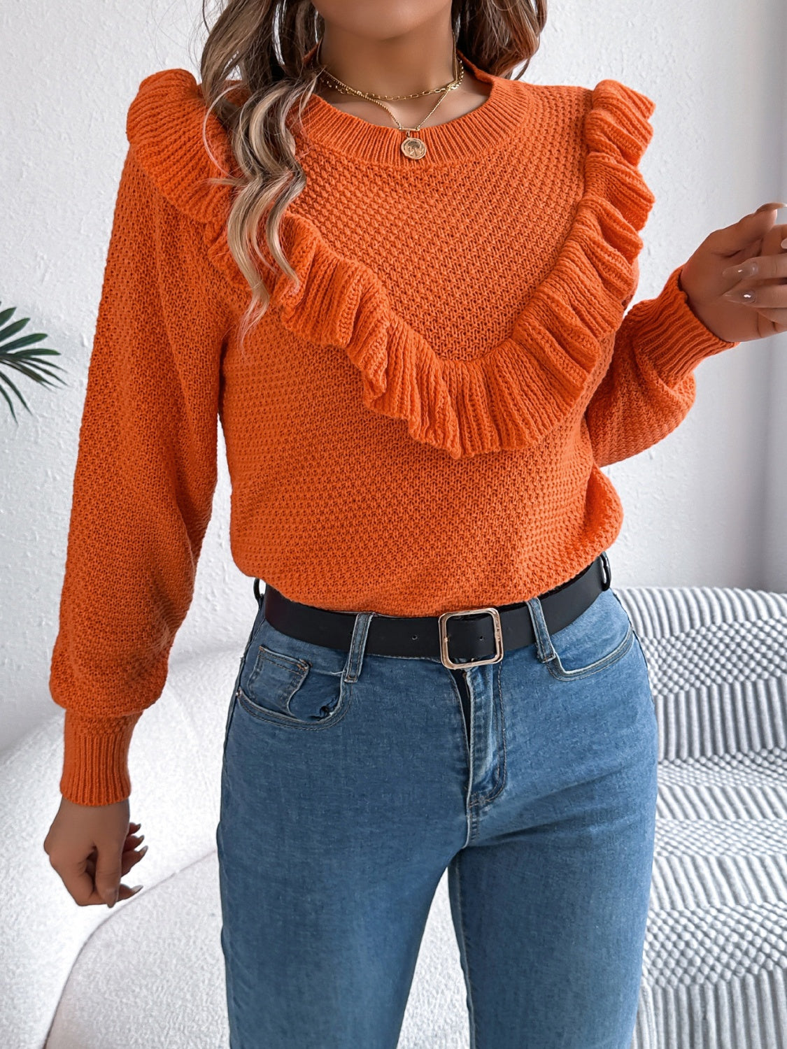 Ruffled Round Neck Long Sleeve Sweater - T - 1 COLOR -