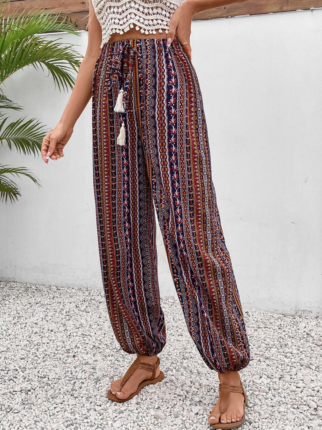 Tassel Printed High Waist Pants - T - 1 COLOR -