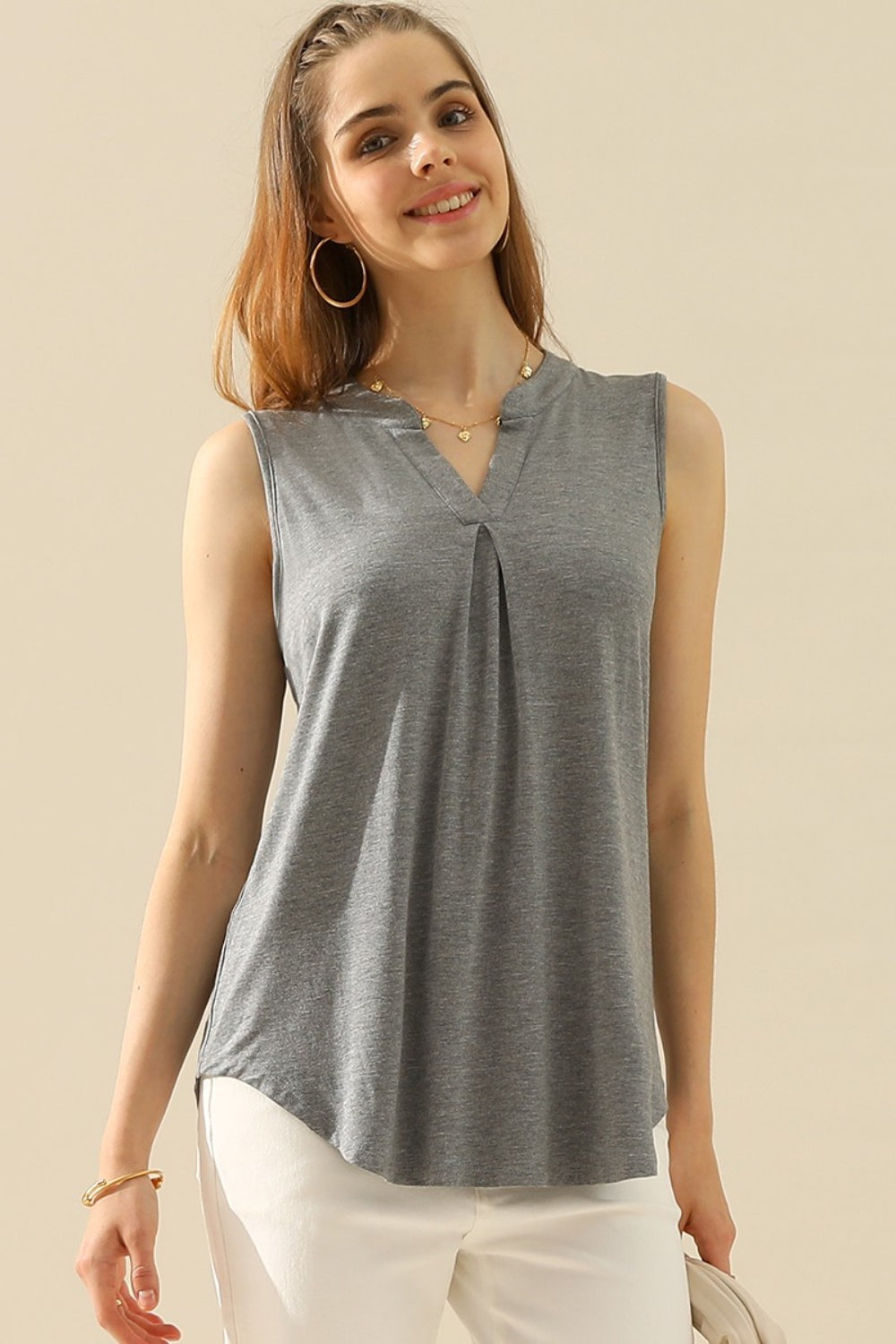 Ninexis Full Size Notched Sleeveless Top - T - 10 COLORS -