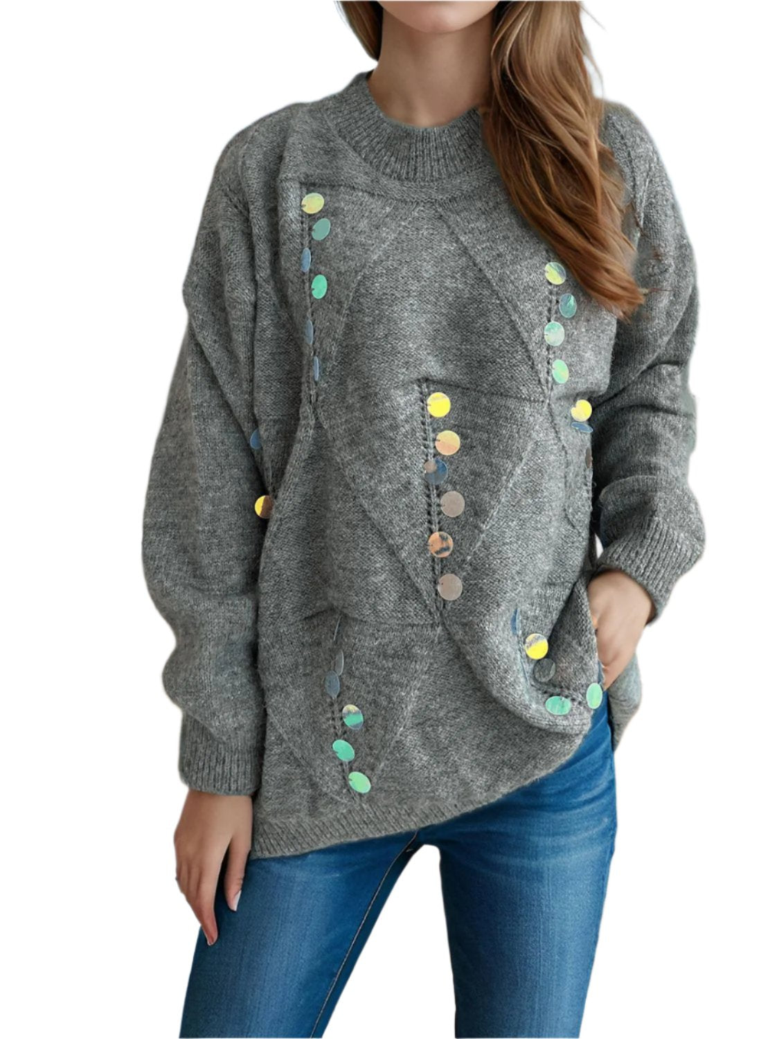 Sequin Oversized Mock Neck Long Sleeve Sweater - 1 OVERSIZE - T - 2 COLORS -