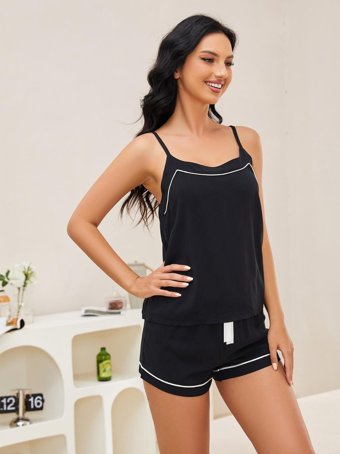 Scoop Neck Spaghetti Strap Top and Shorts Lounge Set - 2 PCS. - T - 3 COLORS -