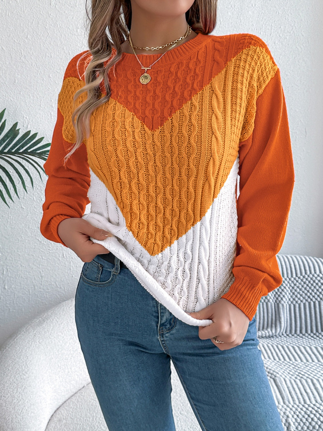 Contrast Round Neck Long Sleeve Sweater - T - 3 COLORS -