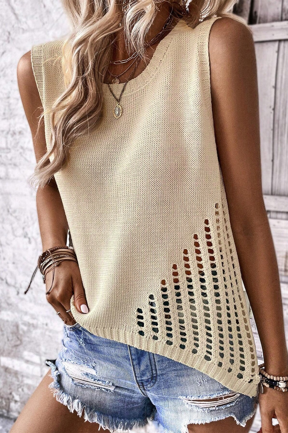 Openwork Round Neck Knit Vest - T - 1 COLOR -