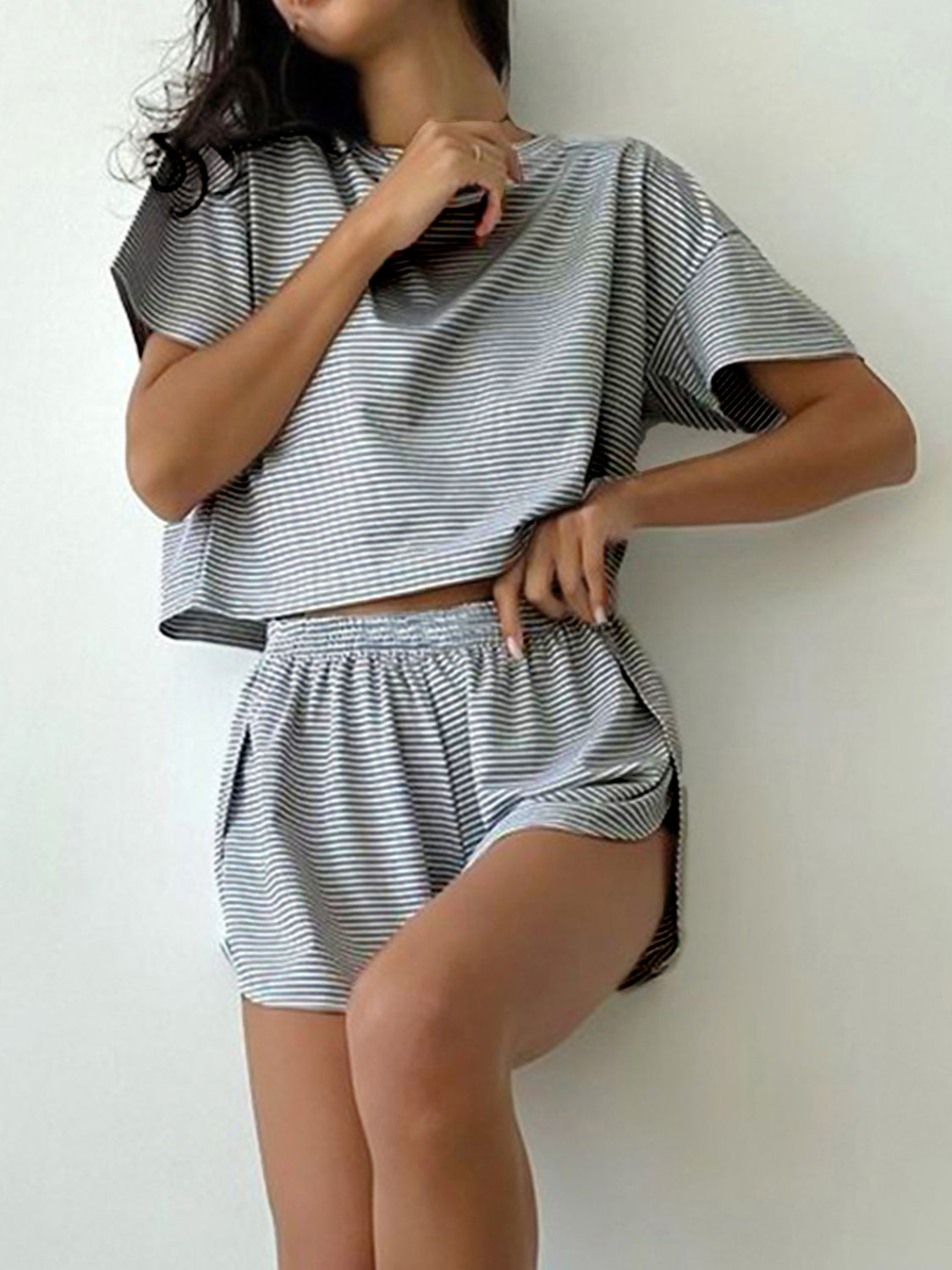 Striped Round Neck Top and Shorts Set - 2 PCS. - T - 3 COLORS -