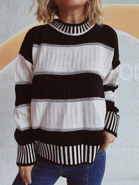 Thumbnail for Contrast Round Neck Long Sleeve Sweater - 1 OVERSIZE - T - 4 COLORS -