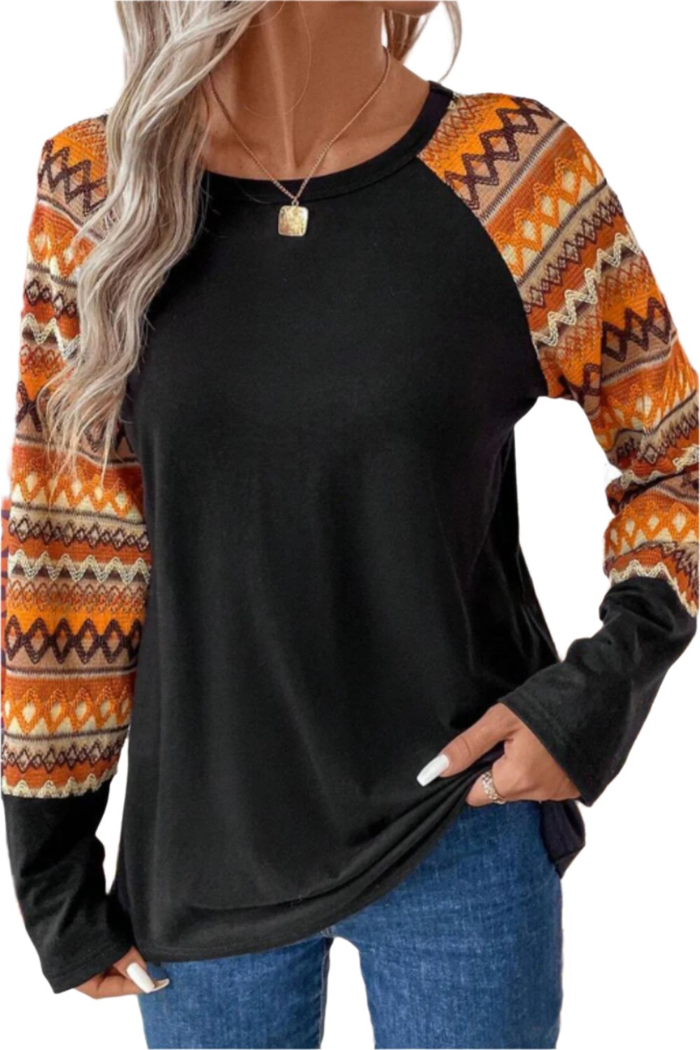 Printed Round Neck Raglan Sleeve Blouse - T - 1 COLOR -