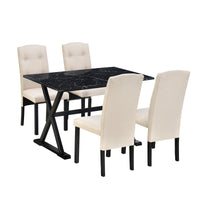 Thumbnail for Solid Wood 5-Piece Dining Table Set With Faux Marble Tabletop and Upholstered Dining Chairs for 4, Faux Marble Black+Bei