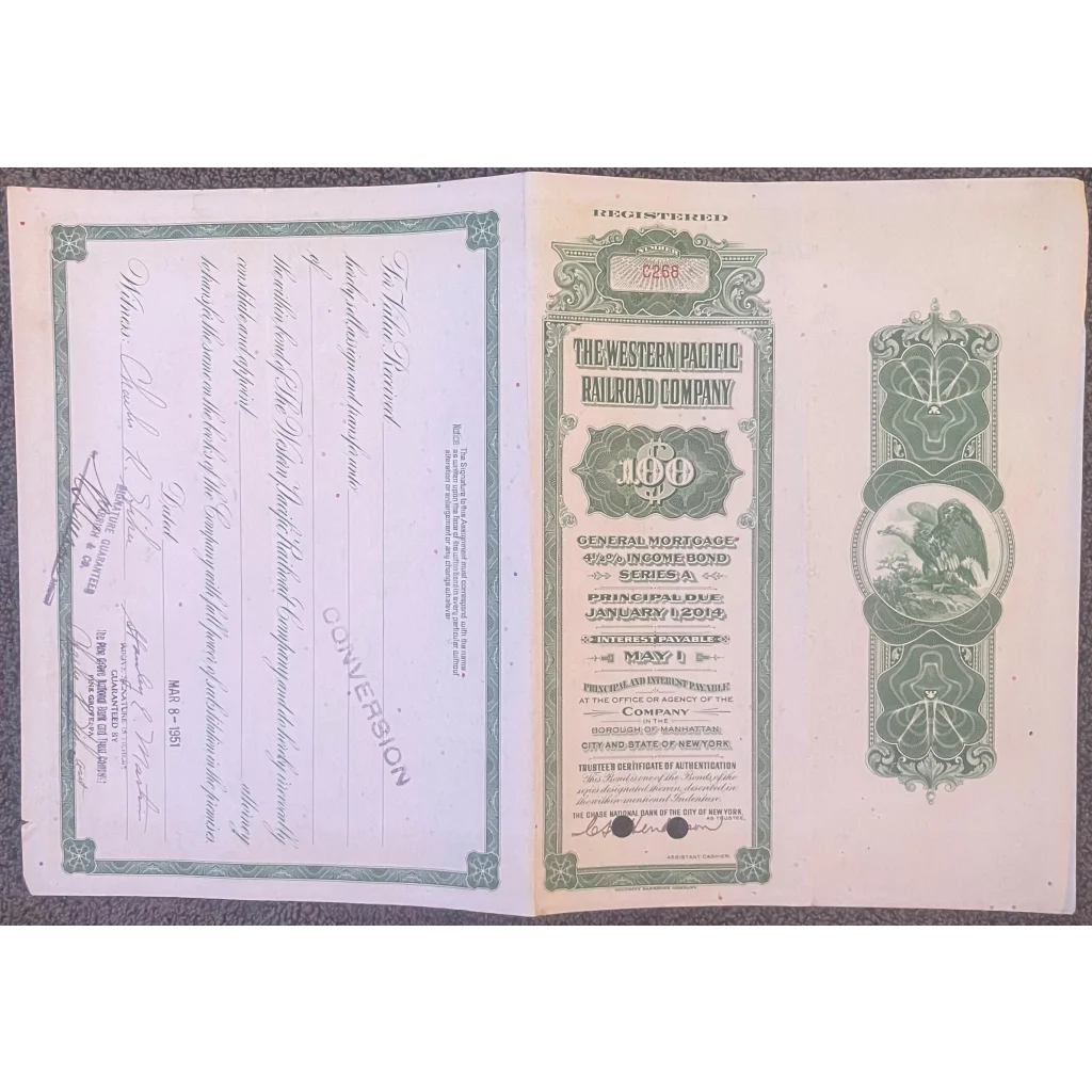 Antique Vintage 1945 Western Pacific Railroad Company Bond Certificate Green