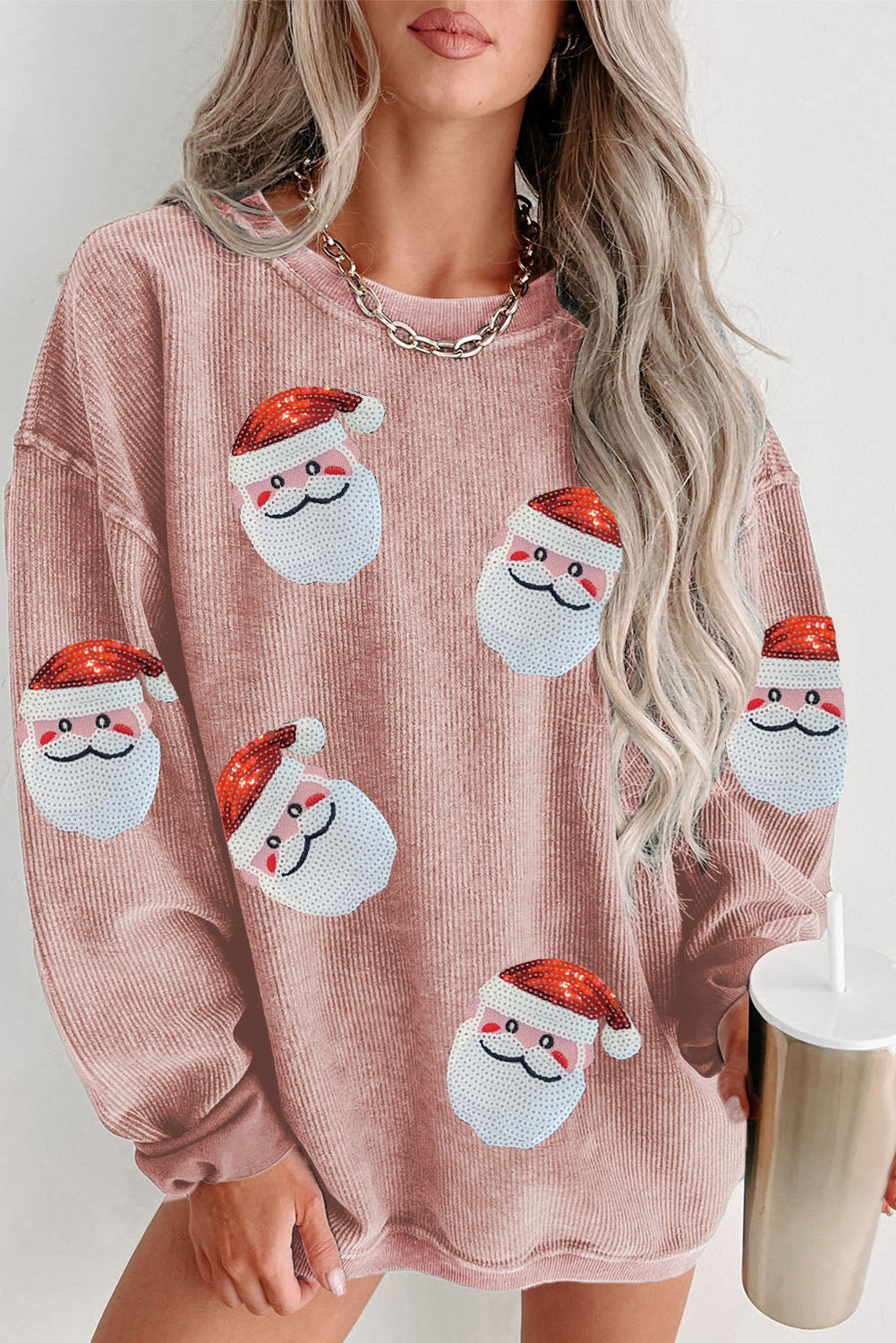 Sequin Santa Patch Ribbed Sweatshirt - T - 2 COLORS -