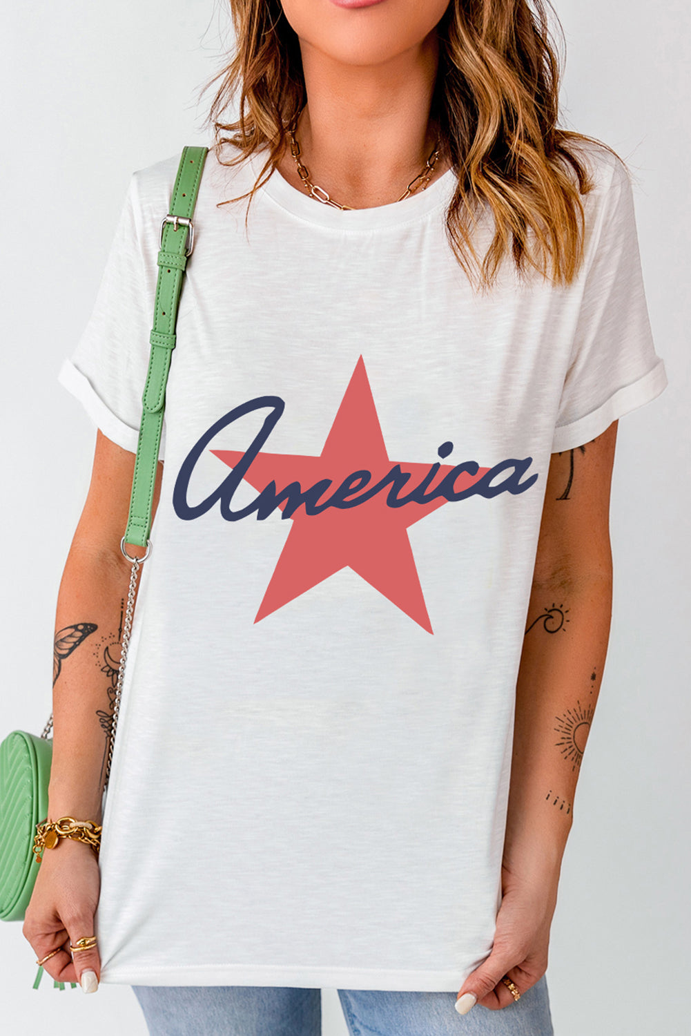 Star Round Neck Short Sleeve T-Shirt - T- 1 COLOR -