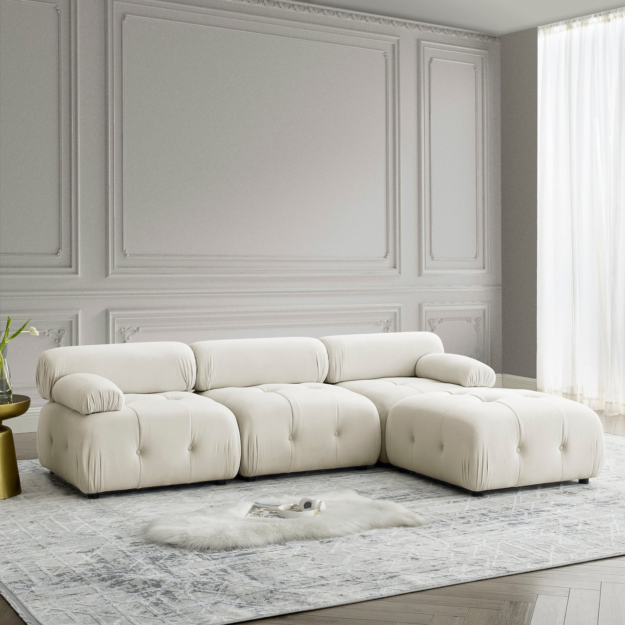 Modular Sectional Sofa, Button Tufted Designed and DIY Combination,L Shaped Couch With Reversible Ottoman, Beige Velvet