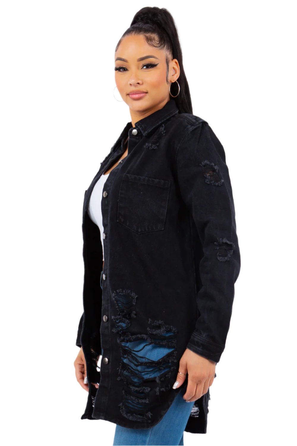 American Bazi Distressed Button Up Long Sleeve Denim Jacket - T - 1 COLOR -