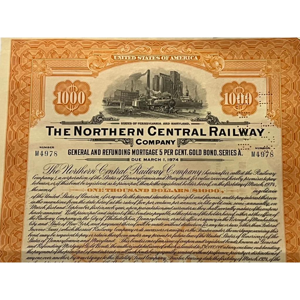 Antique 1924 Northern Central Railway Company Gold Bond Certificate