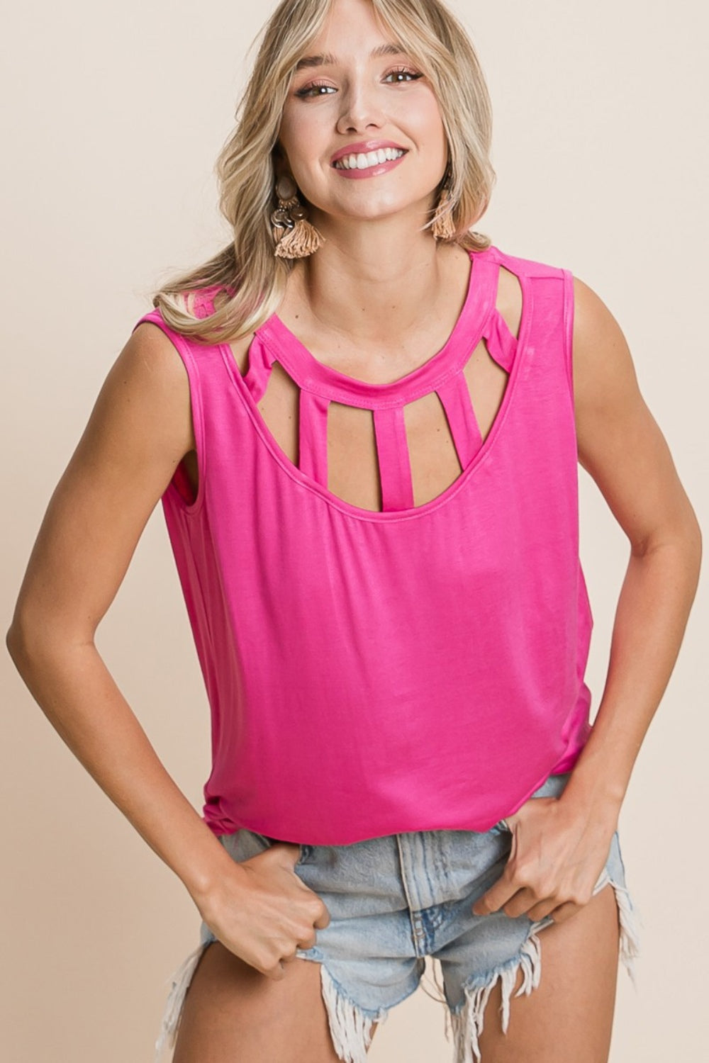 BiBi Cutout Round Neck Sleeveless Top - T - 1 COLOR -