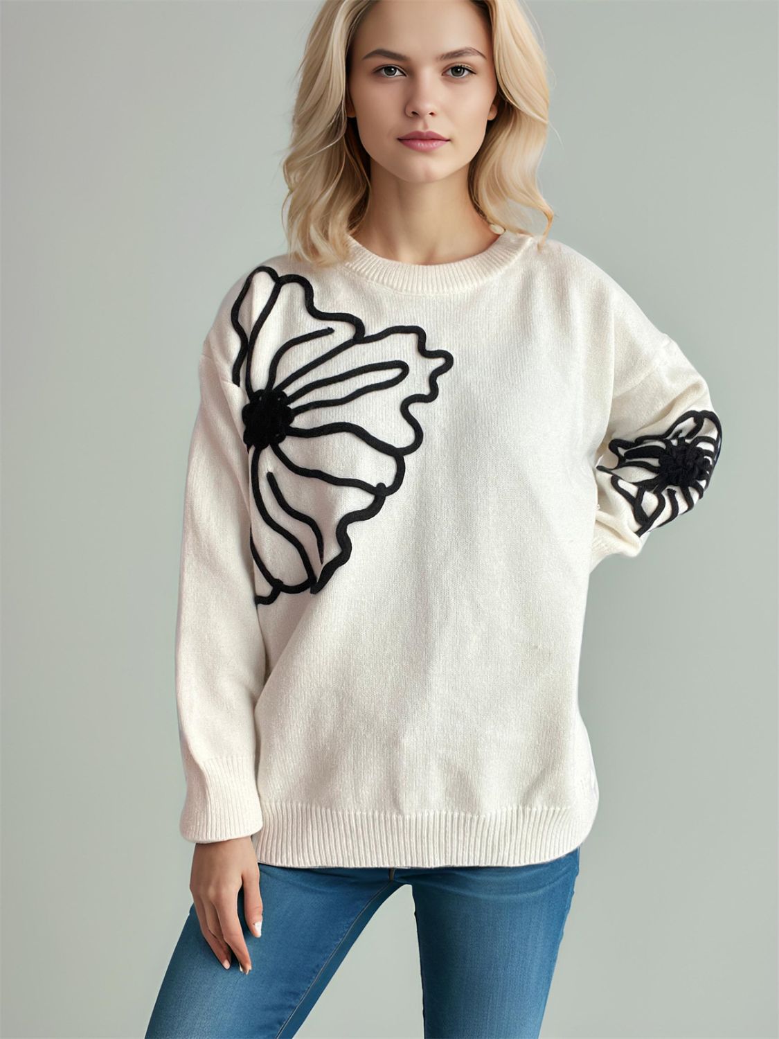 Flower Round Neck Long Sleeve Sweater - T - 4 COLORS -