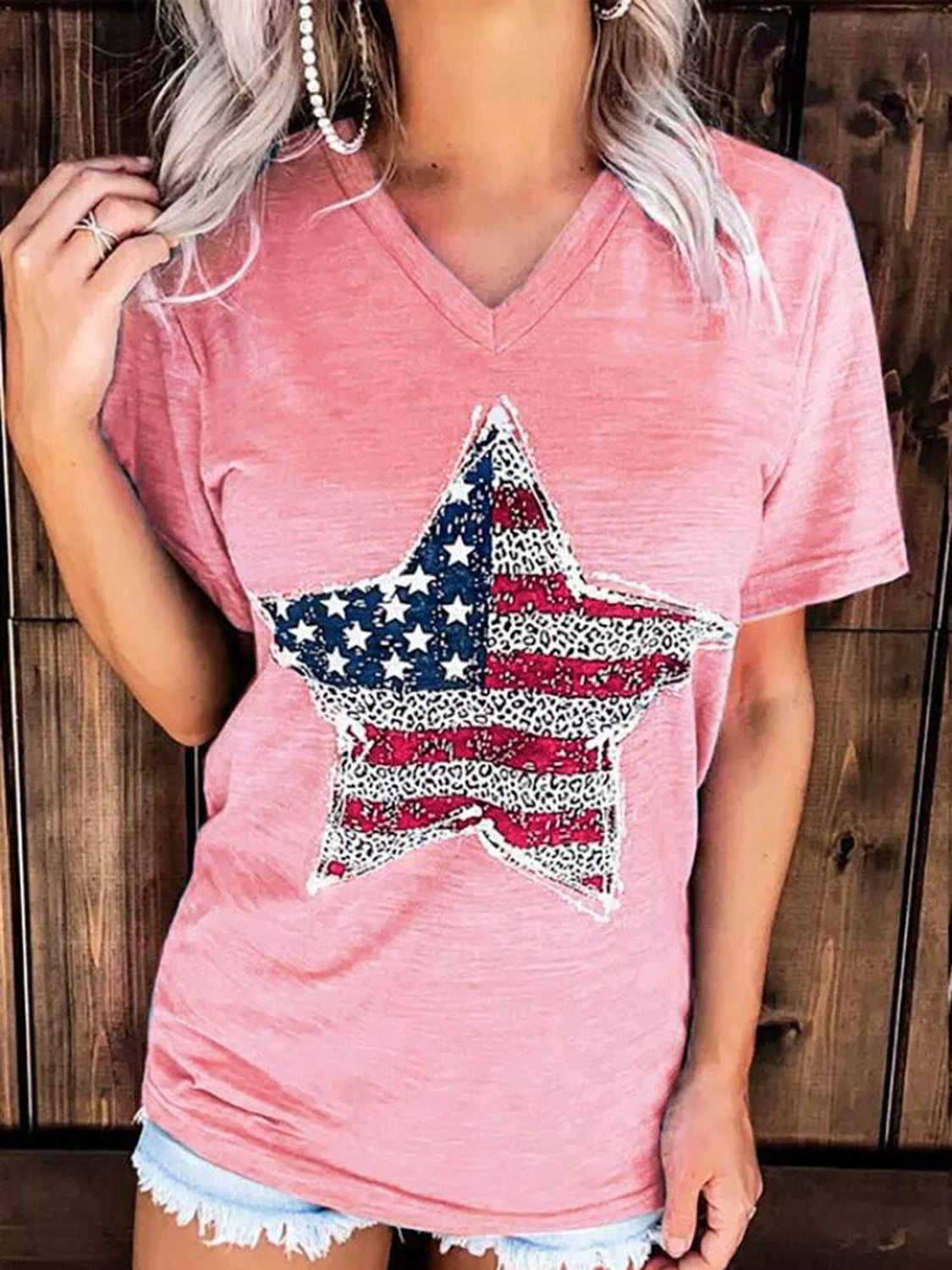 US Flag Graphic V-Neck Short Sleeve T-Shirt - T - 1 COLOR -