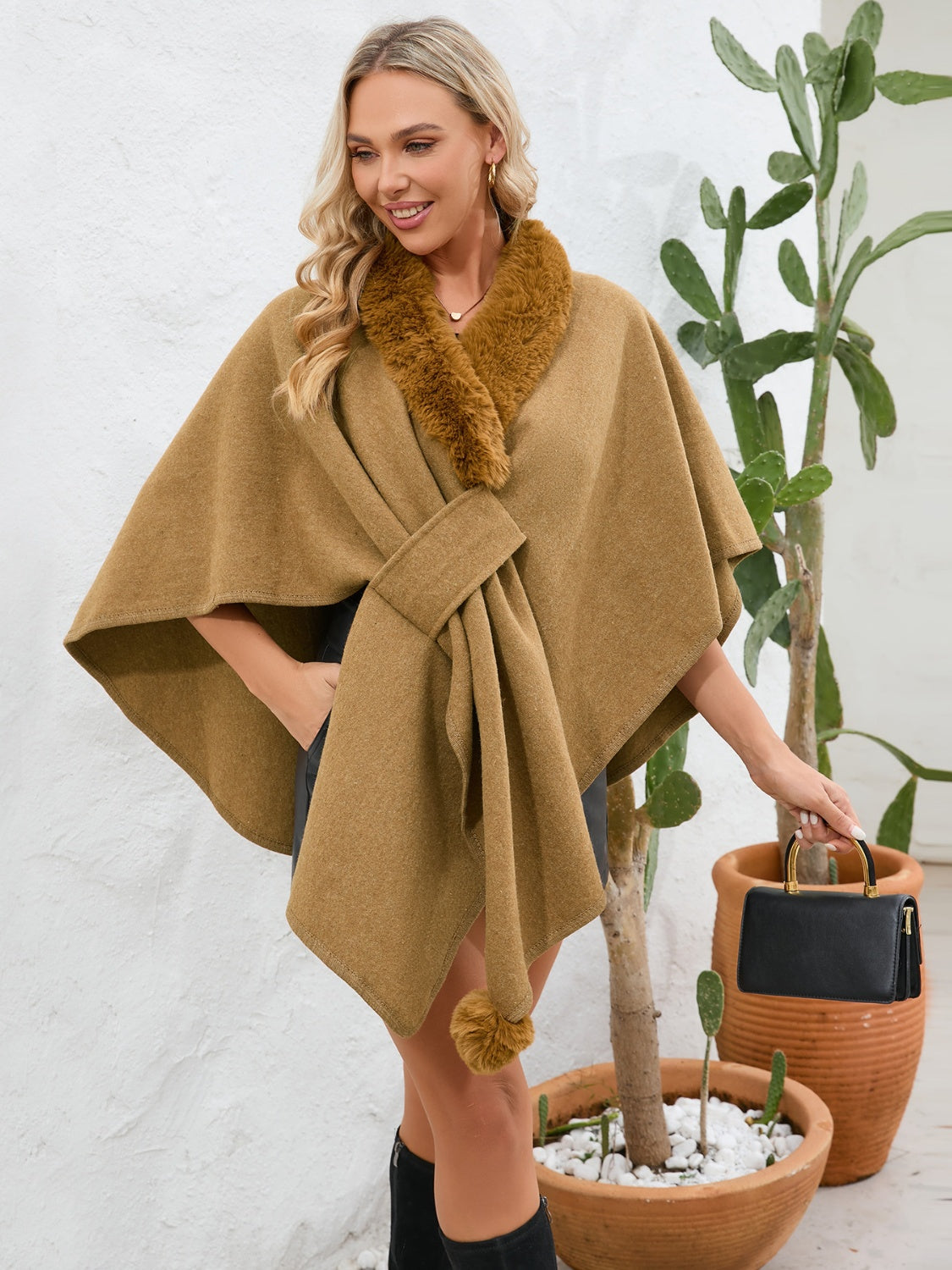 Fuzzy Trim Open Front Poncho - ONE SIZE - T - 6 COLORS -