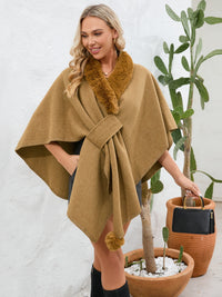 Thumbnail for Fuzzy Trim Open Front Poncho - ONE SIZE - T - 6 COLORS -