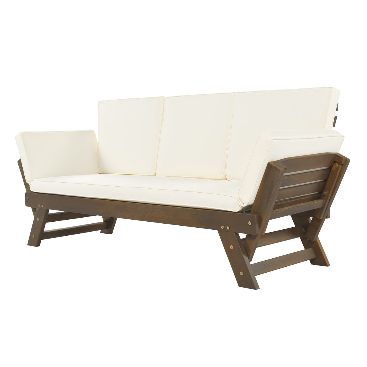 Outdoor Adjustable Patio Wooden Daybed Sofa Chaise Lounge With Cushions for Small Places, Brown Finish+Beige Cushion