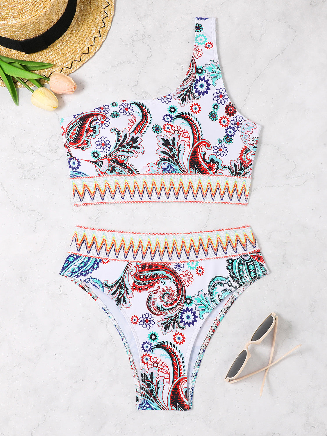 Printed One Shoulder Two-Piece Swim Set - T - 2 COLORS -