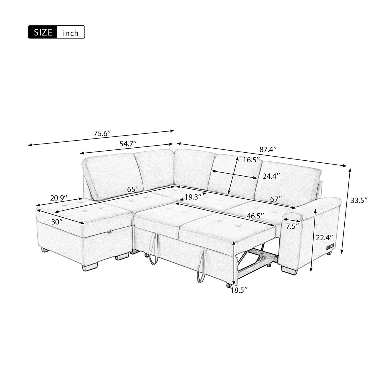 Sleeper Sectional Sofa, L-Shape Corner Couch Sofa-Bed With Storage Ottoman & Hidden Arm Storage & USB Charge  for Living