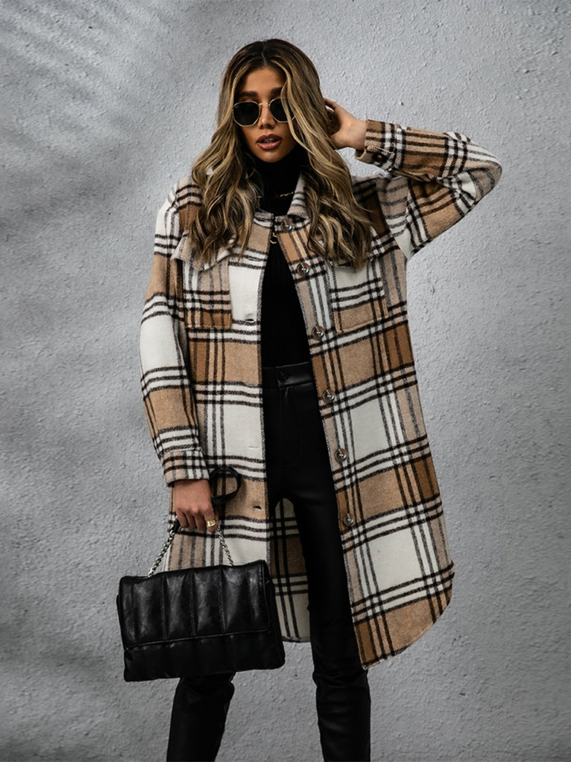 Plaid Collared Neck Long Sleeve Jacket - T - 2 COLORS -