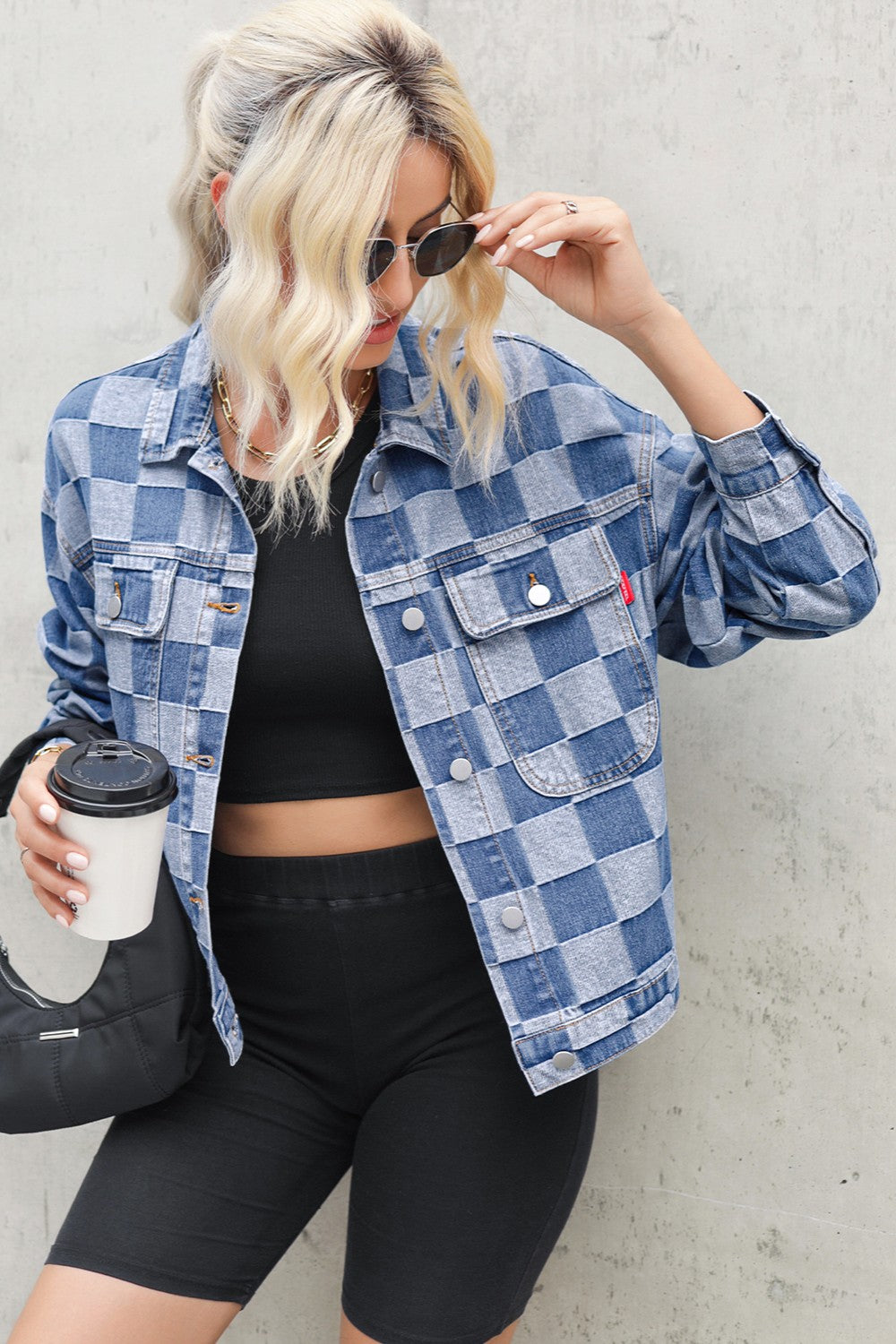 Checkered Button Up Long Sleeve Denim Jacket - T - 1 COLOR -