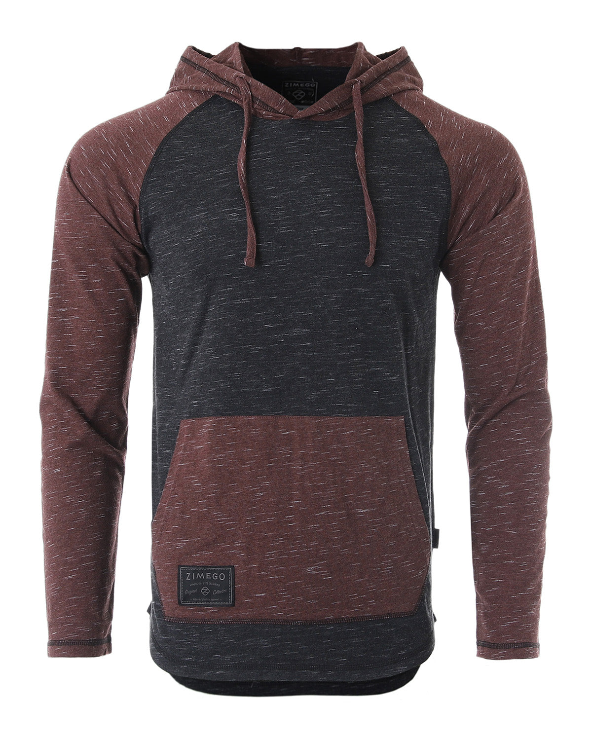 Long Sleeve Raglan Henley Round Bottom Hood T-Shirts - BLACK / MAROON - 1 COLOR -