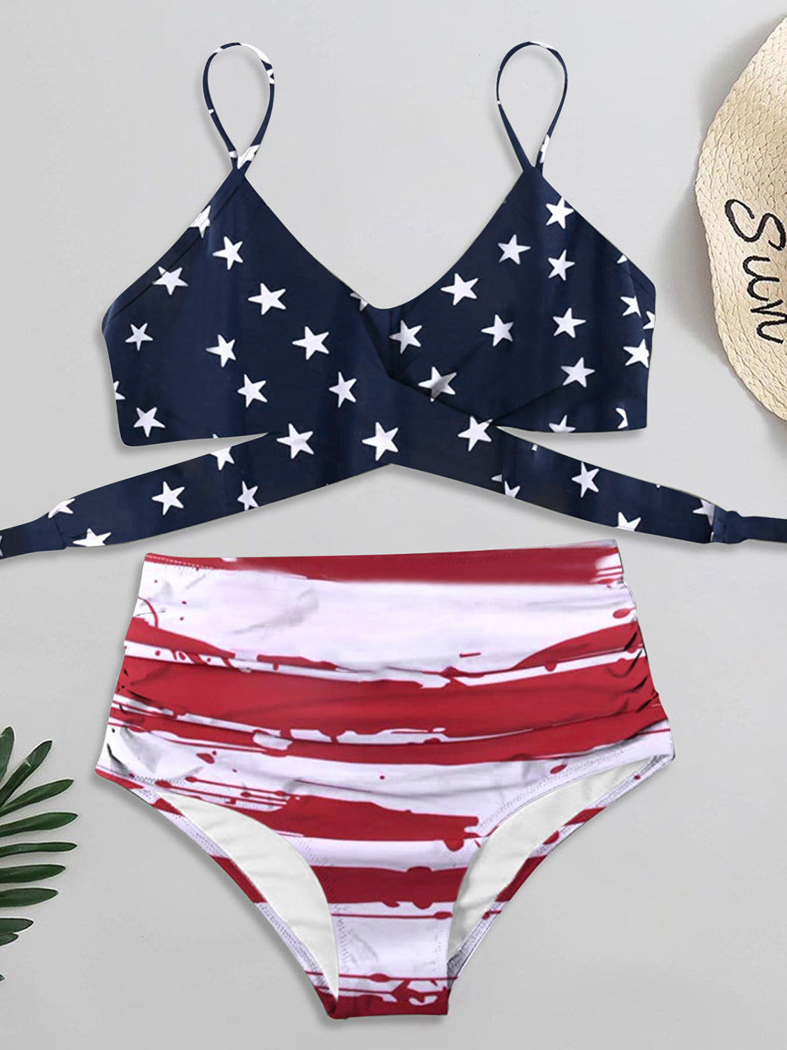 Tied Printed Spaghetti Strap Two-Piece Swim Set - T - BLACK CHECK & US FLAG PATTERN -