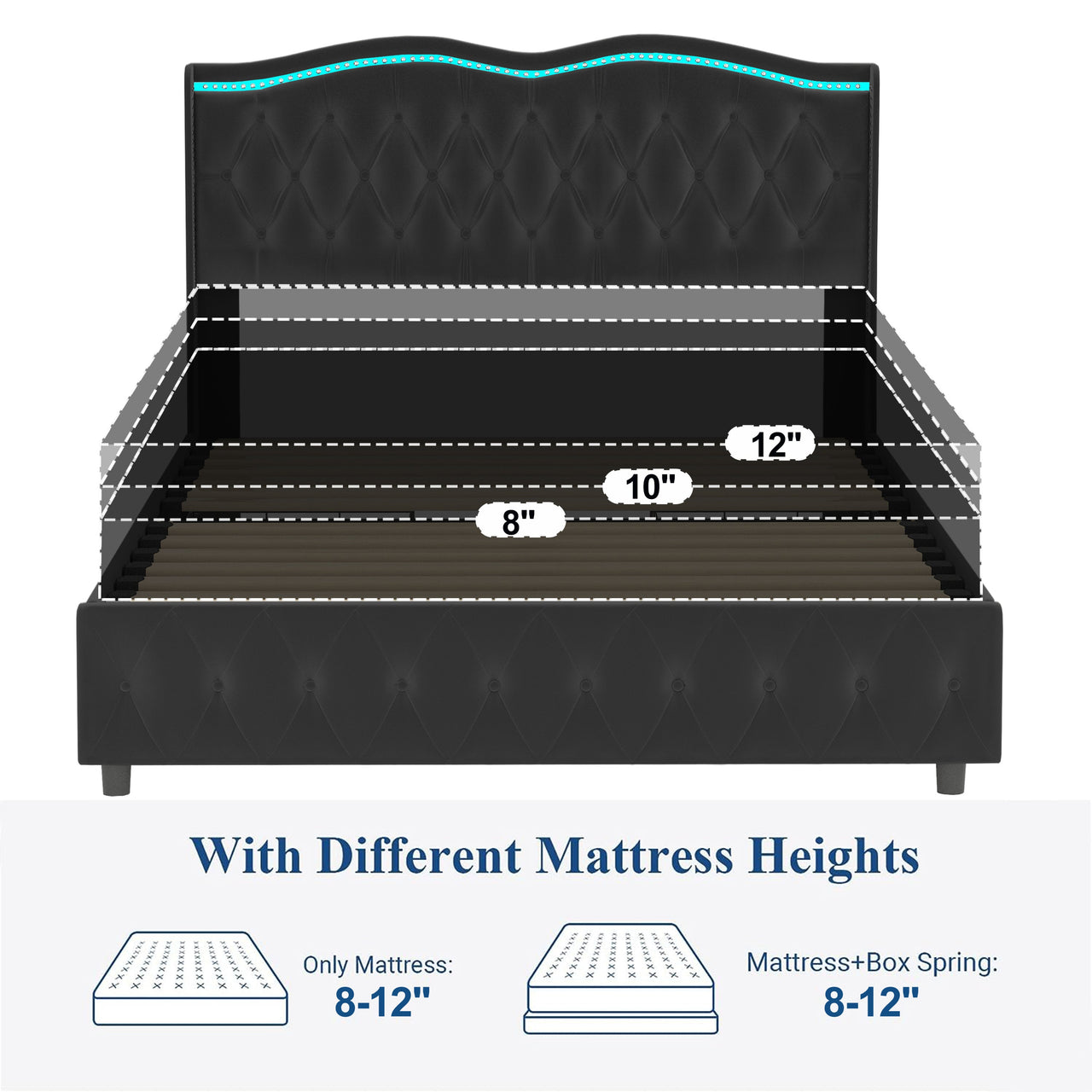 Queen Platform Bed Frame , Velvet Upholstered Bed With Deep Tufted Buttons and Nailhead Trim, Adjustable Colorful LED Li