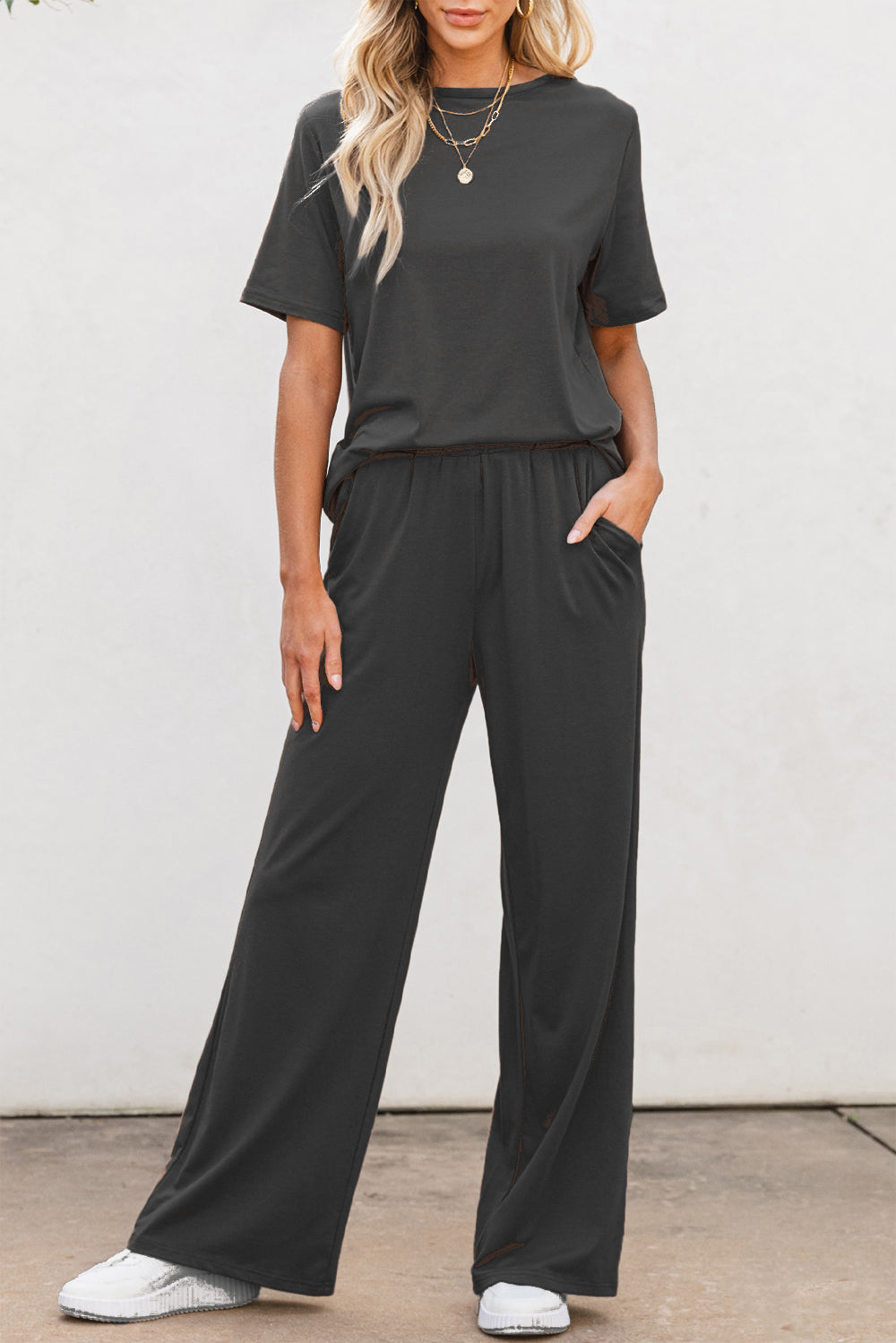 Round Neck Short Sleeve Top and Pants set - 2 PCS. - T - 1 COLOR -