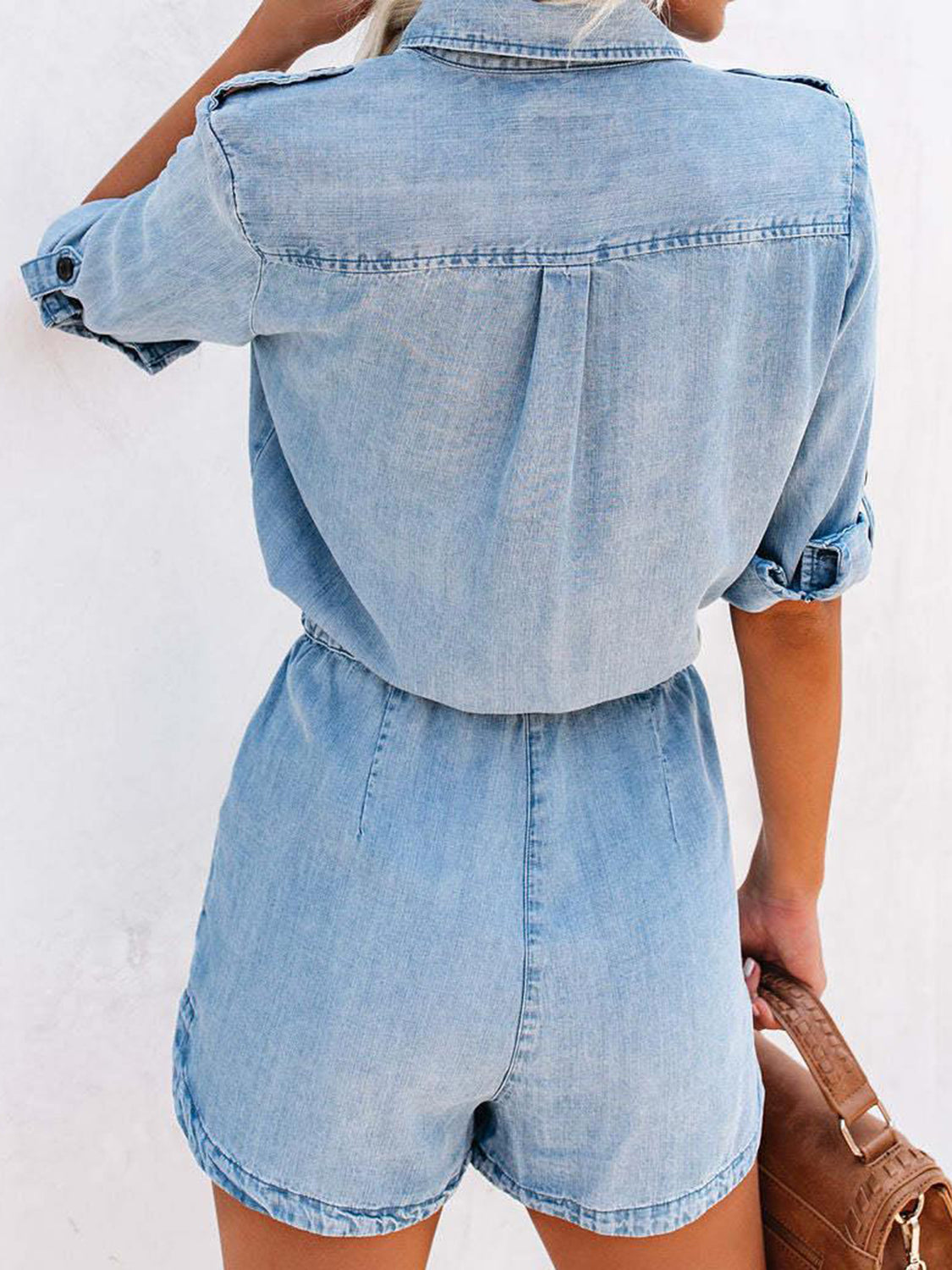 Drawstring Half Button Half Sleeve Denim Romper - Light Blue - T - 1 COLOR -