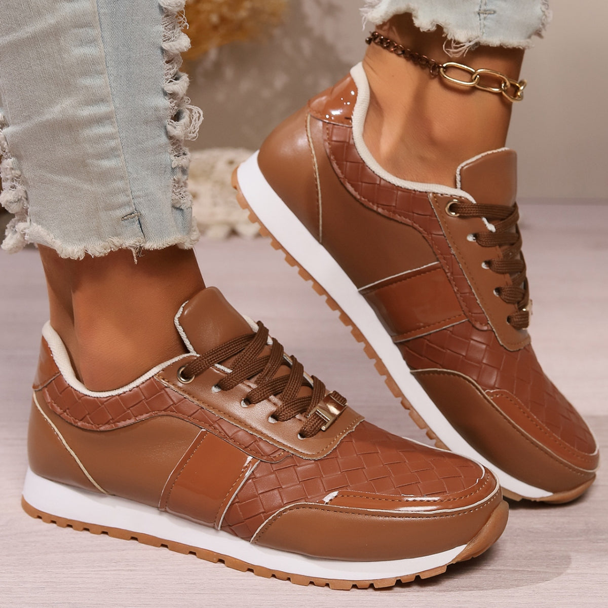 Lace-Up PU Leather Sneakers - T - 3 COLORS -